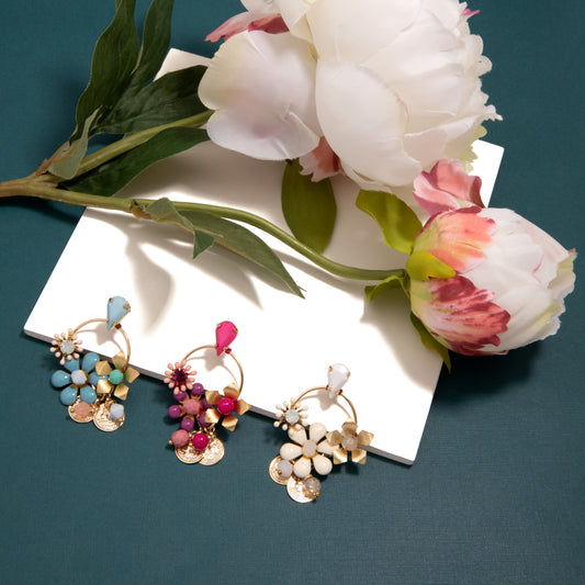 affordable flower earrings for casual outfits, statement flower chandelier earrings for special events, flower earrings with intricate floral designs
